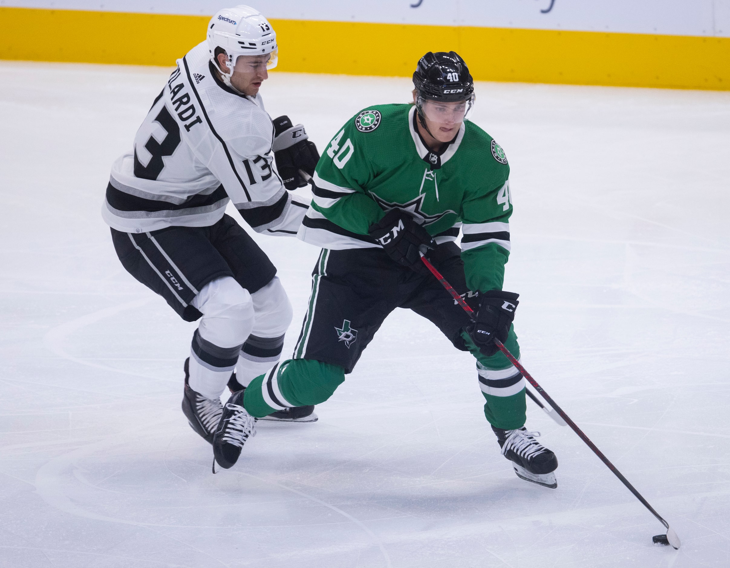 Dallas Stars center Jacob Peterson (40) girds the puck from Los Angeles Kings center Gabriel...