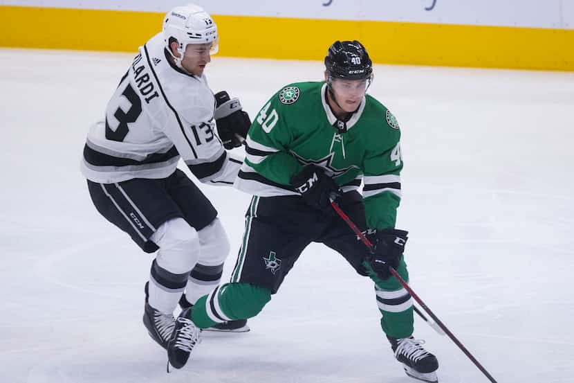 Dallas Stars center Jacob Peterson (40) girds the puck from Los Angeles Kings center Gabriel...
