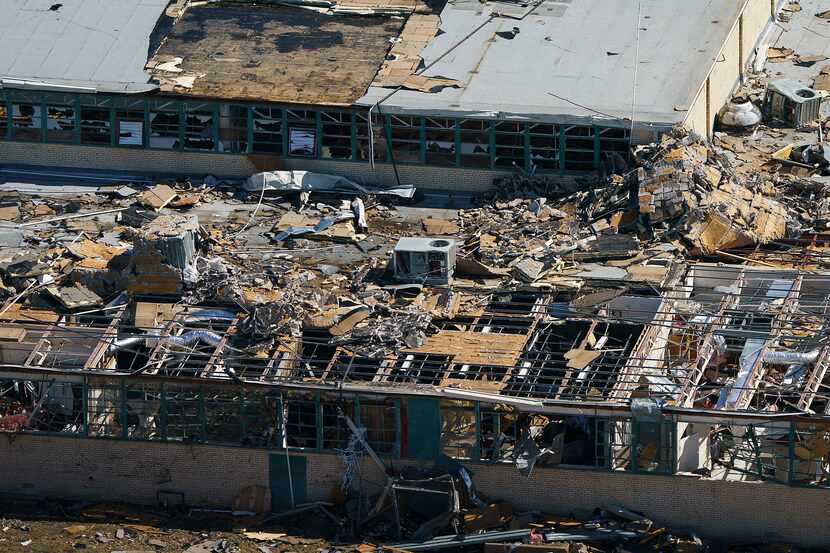 Tornado damage is seen an aerial view of Thomas Jefferson High School on Oct. 21, 2019, in...