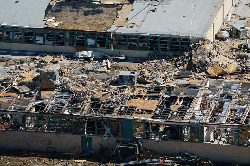 Tornado damage is seen an aerial view of Thomas Jefferson High School on Monday, Oct. 21,...