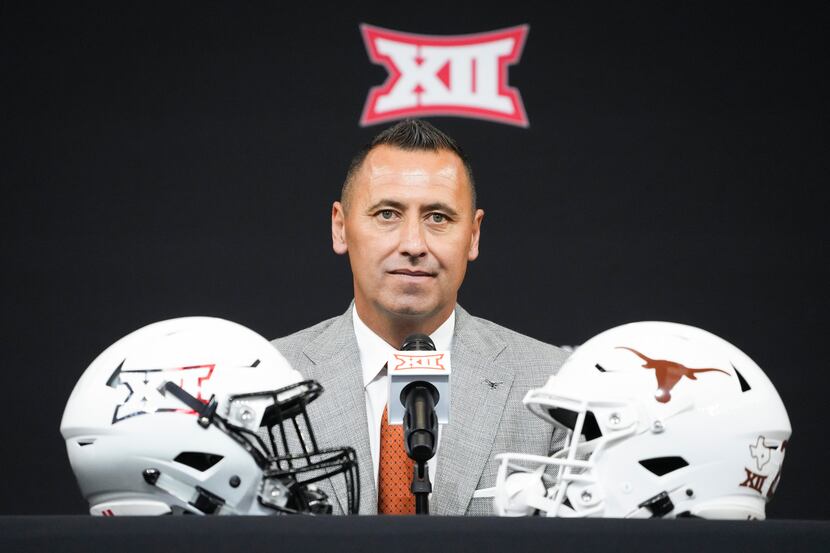 Texas head coach Steve Sarkisian speaks to reporters during the Big 12 Conference football...