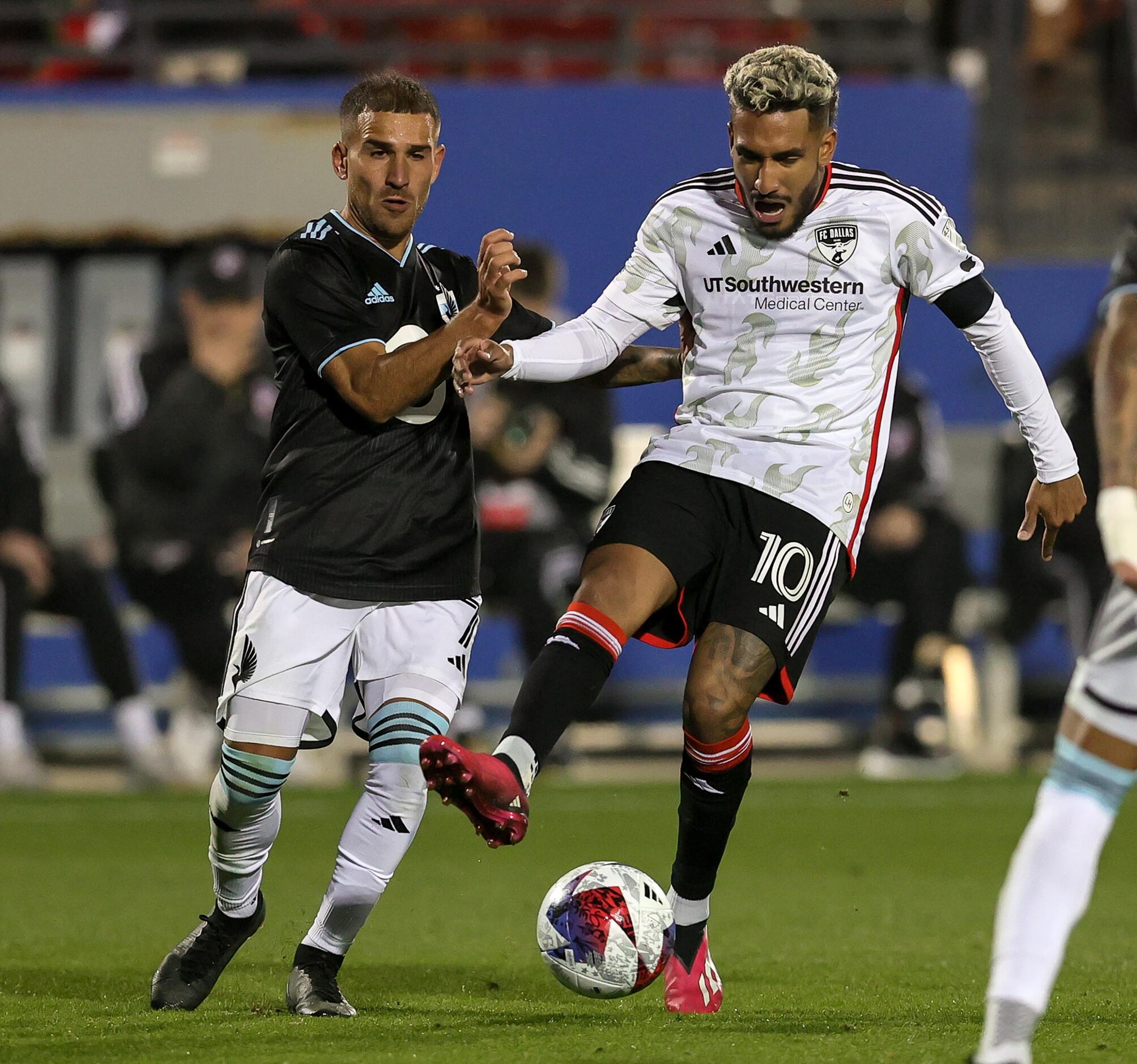 FC Dallas attacker Jesus Ferreira (10) tries to gain control of the ball against Minnesota...