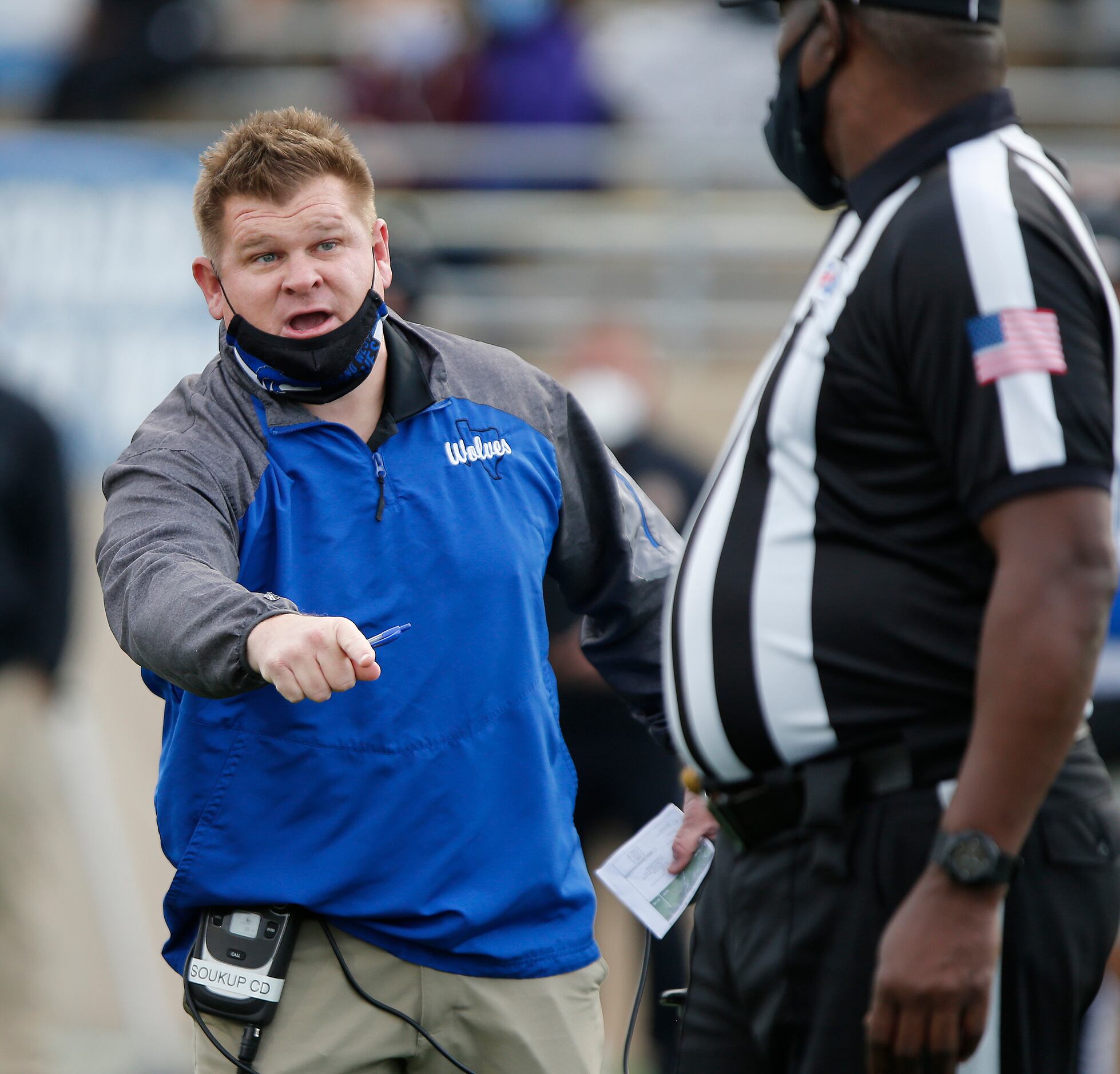 Plano West High School head coach Tyler Soukup agues a point to the ref during the second...