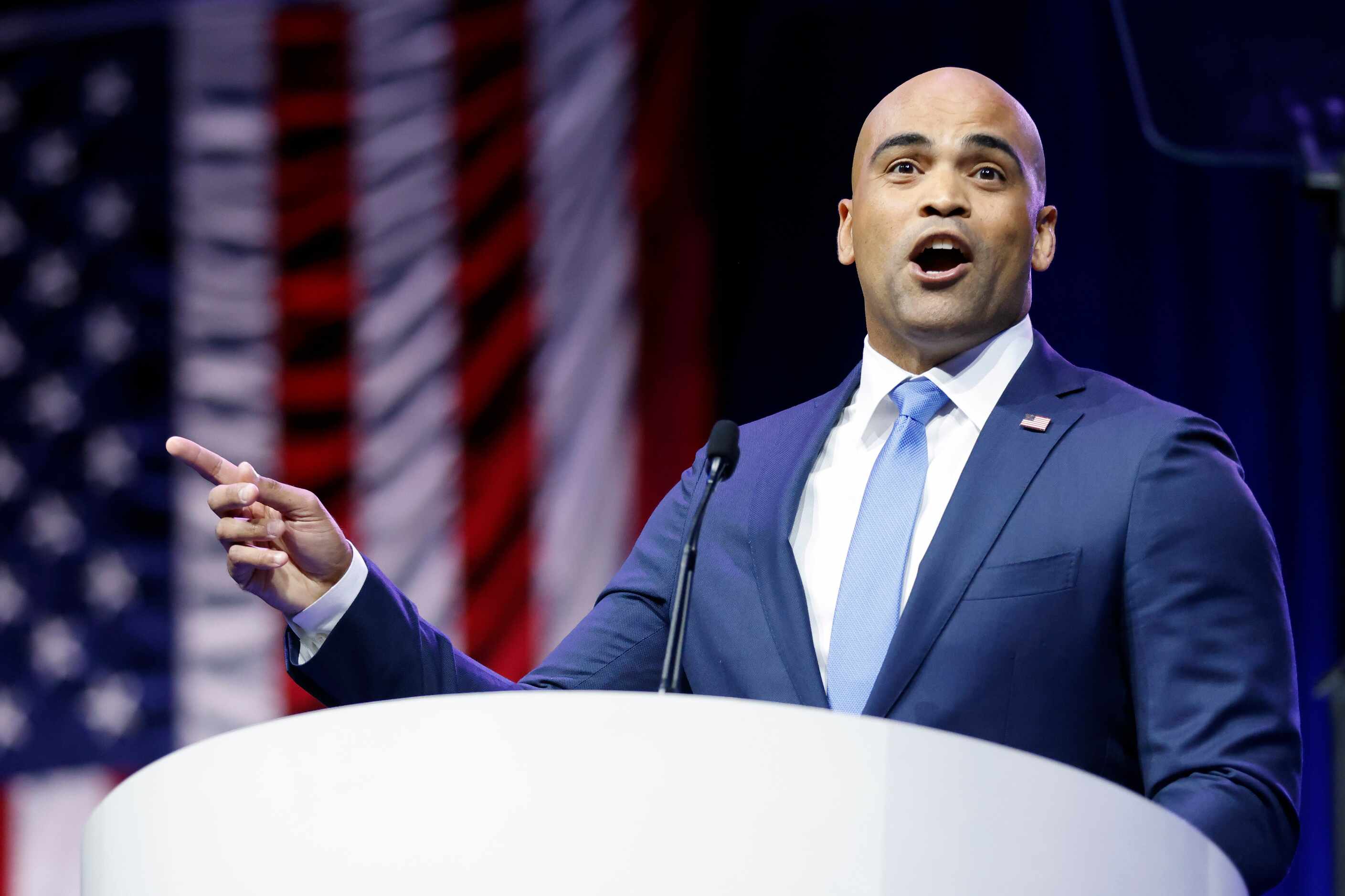 U.S. House Texas District 32 Representative Colin Allred speaks to delegates and guests...