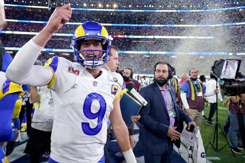 Los Angeles Rams quarterback Matthew Stafford celebrates after the Rams defeated the...