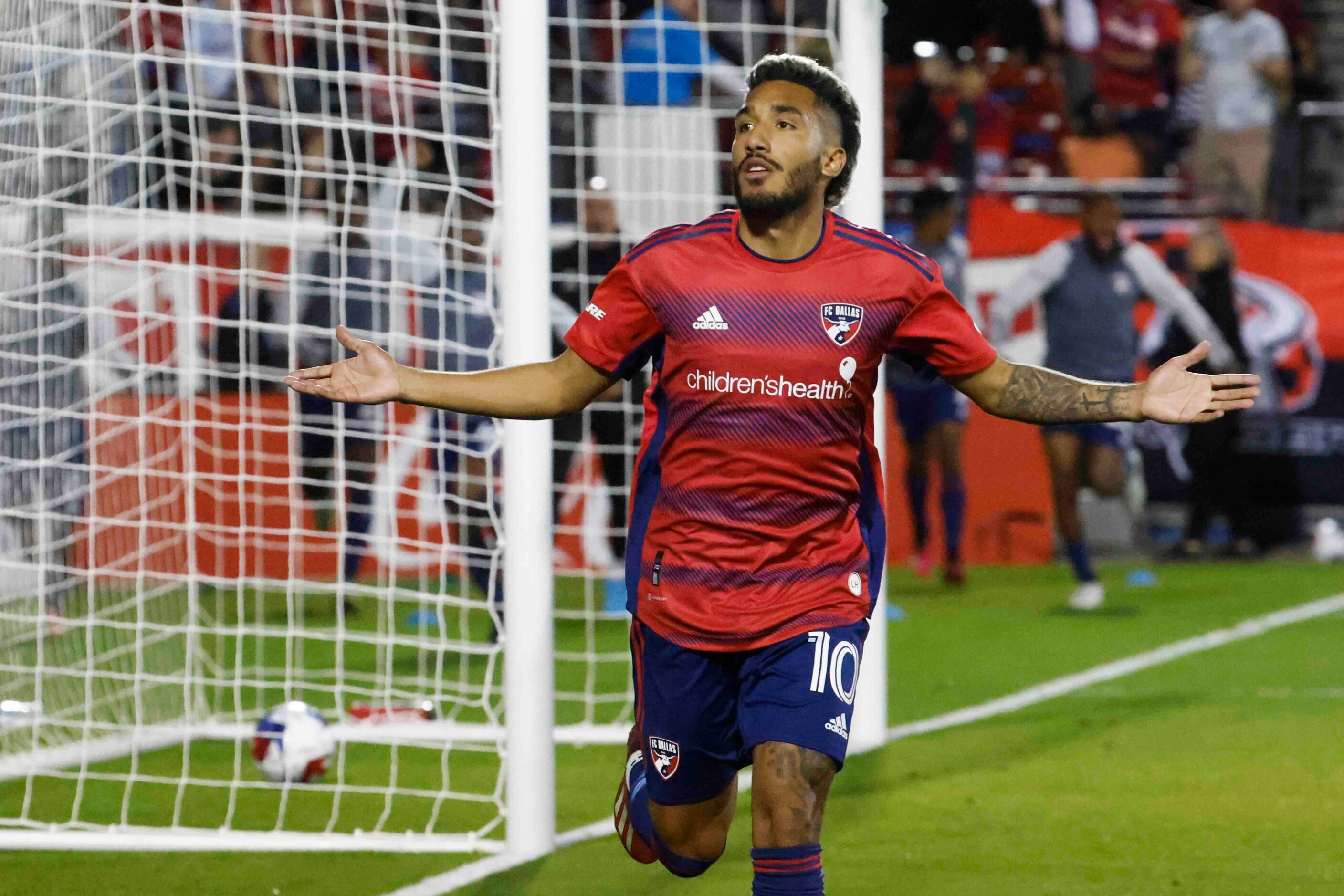 FC Dallas forward Jesús Ferreira celebrates a goal as he leads his team during the second...