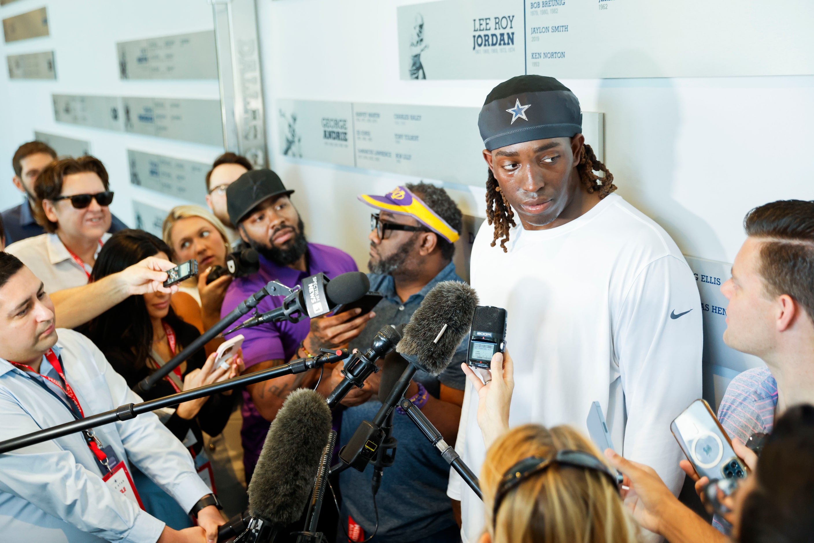 Dallas Cowboys offensive tackle Tyler Guyton talks to the the members of the press following...