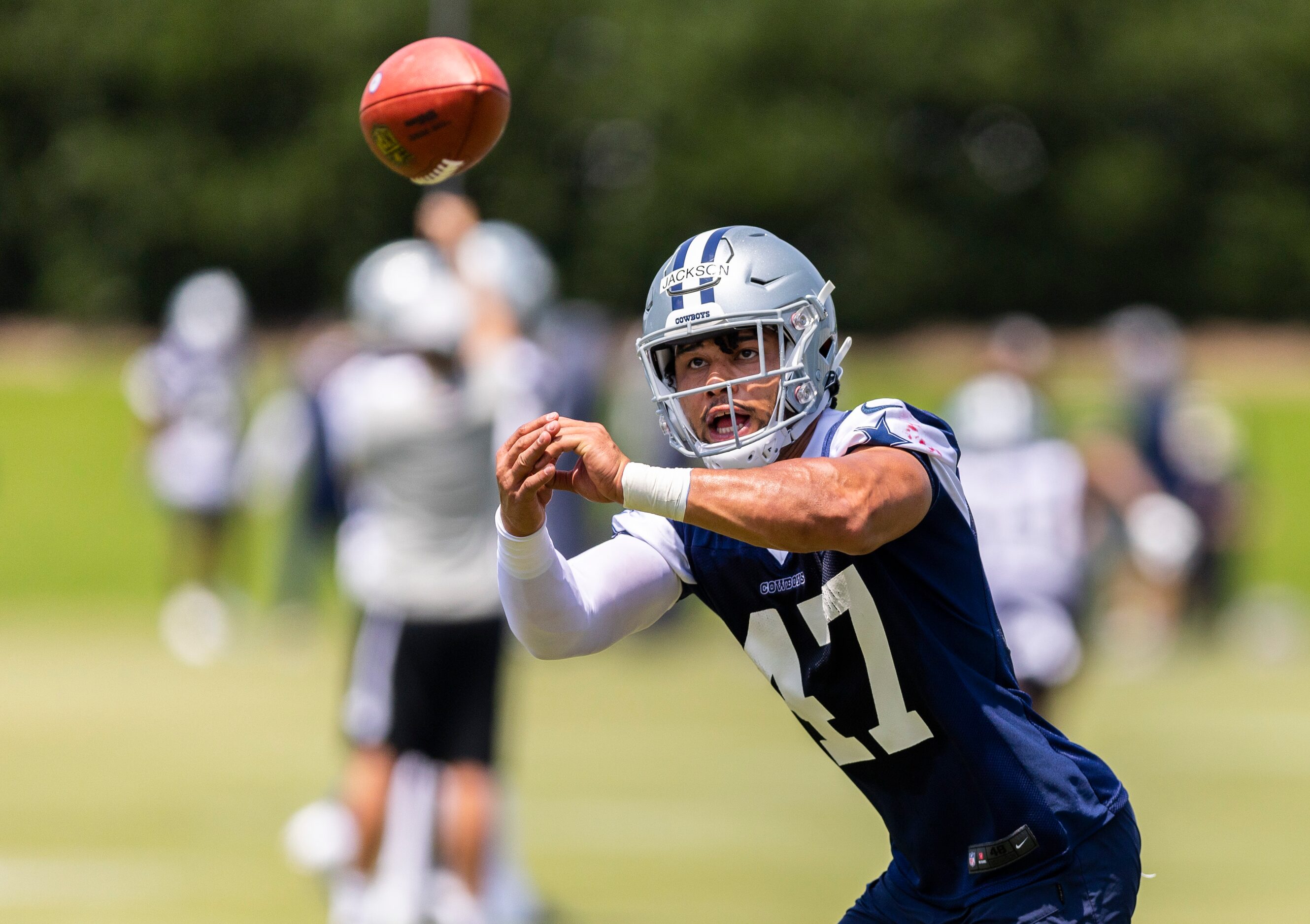 Dallas Cowboys Storey Jackson catches a pass during practice at The Star in Frisco,...