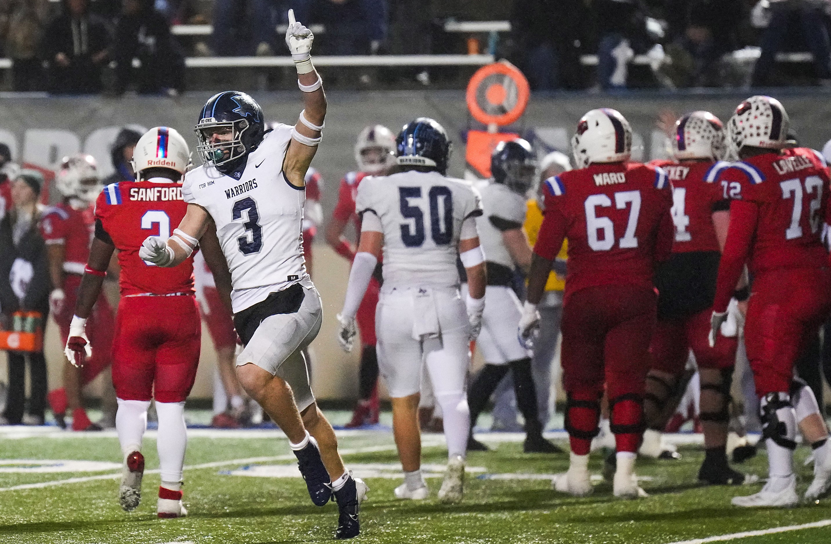 Argyle Liberty Christian linebacker CJ Witten (3) celebrates after a defensive stop forced a...