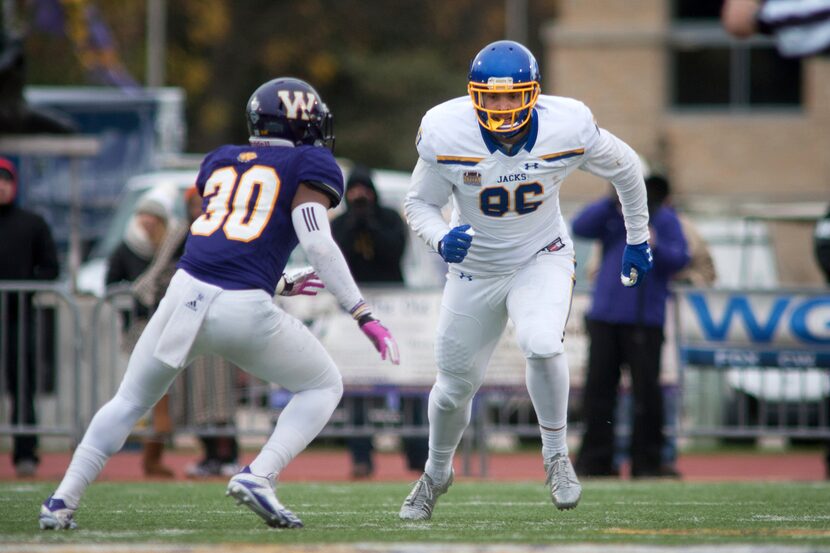 South Dakota State tight end Dallas Goedert is pictured during the second half of a game...