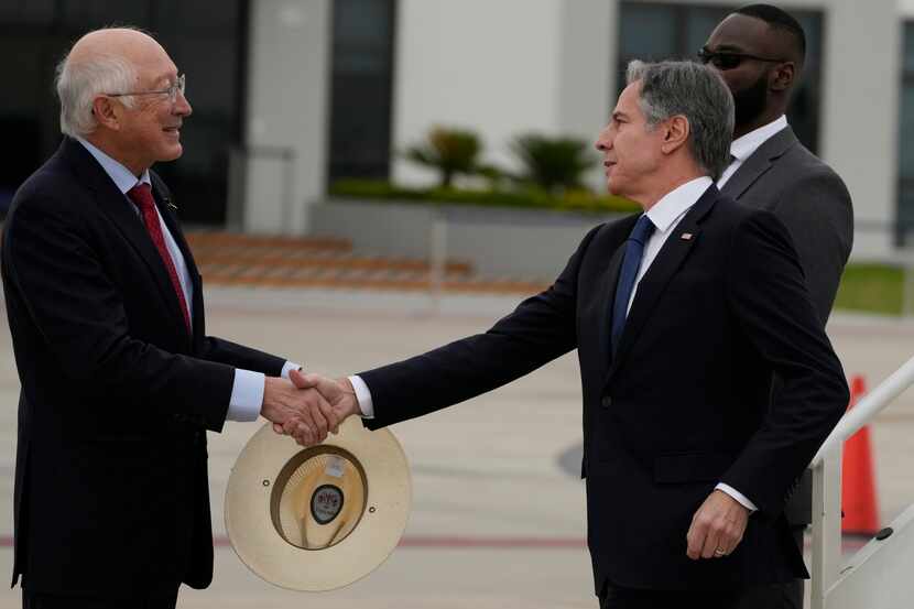 U.S. Secretary of State Antony Blinken, right, shakes hands with U.S. Ambassador to Mexico...