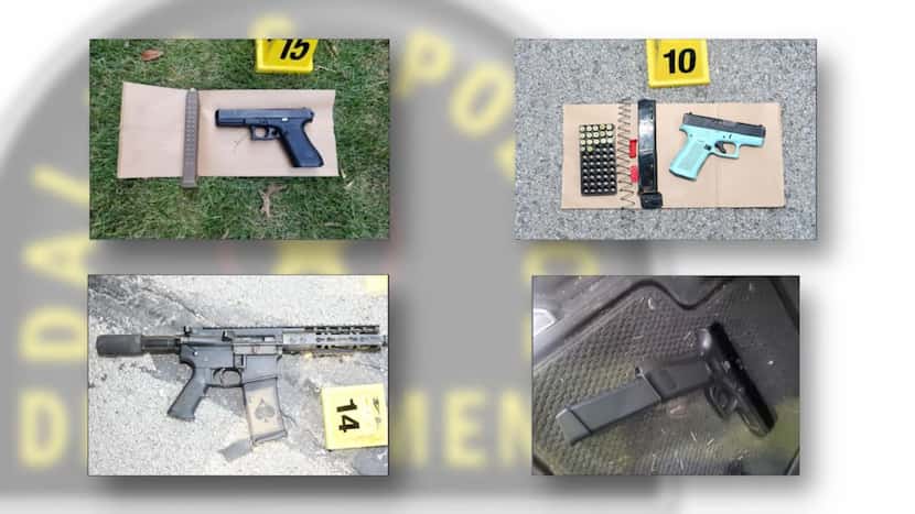 A screenshot of evidence photos taken by Dallas police showing four firearms police...