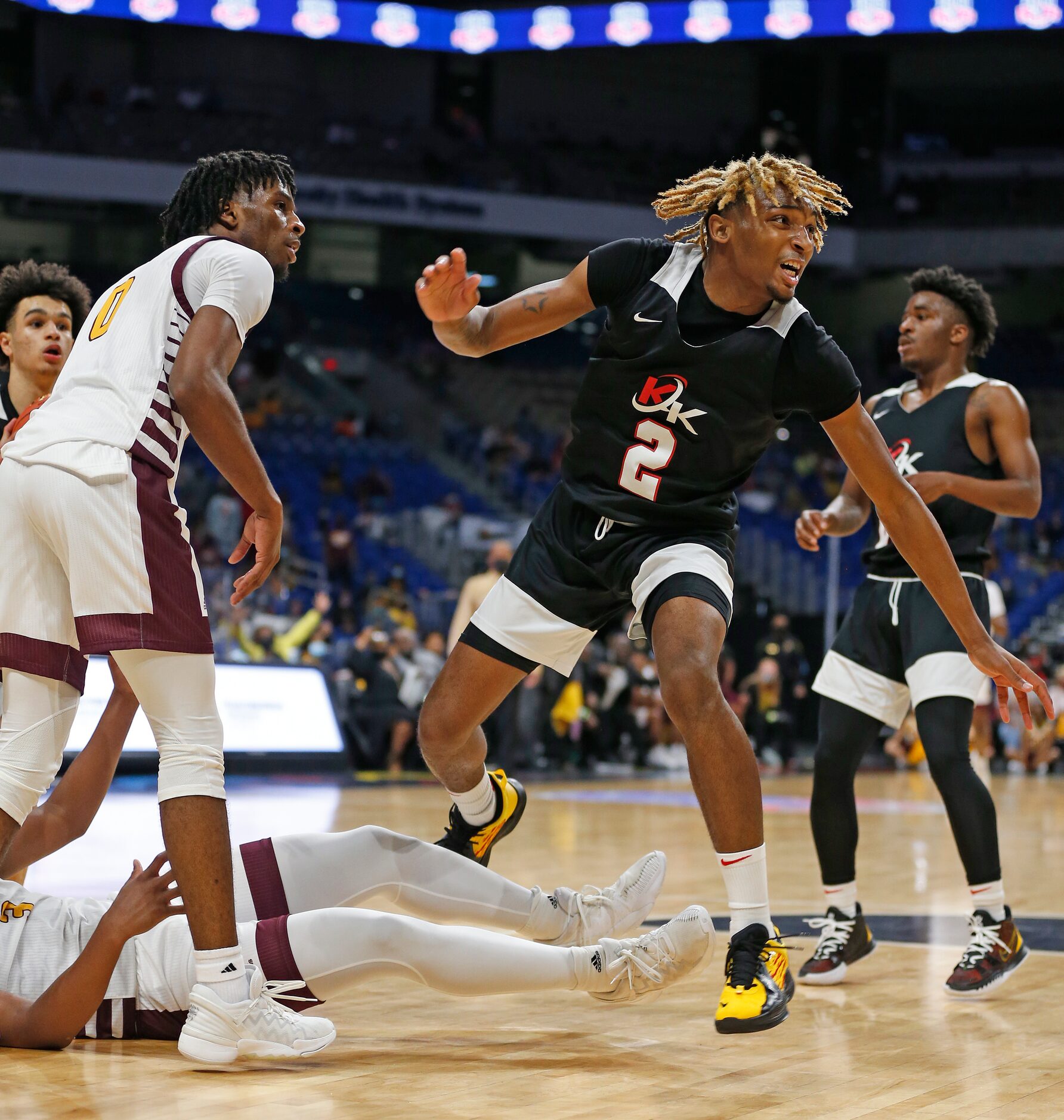 Dallas Kimball Arterio Morris #2 reacts after being called for a charge. UIL boys Class 5A...