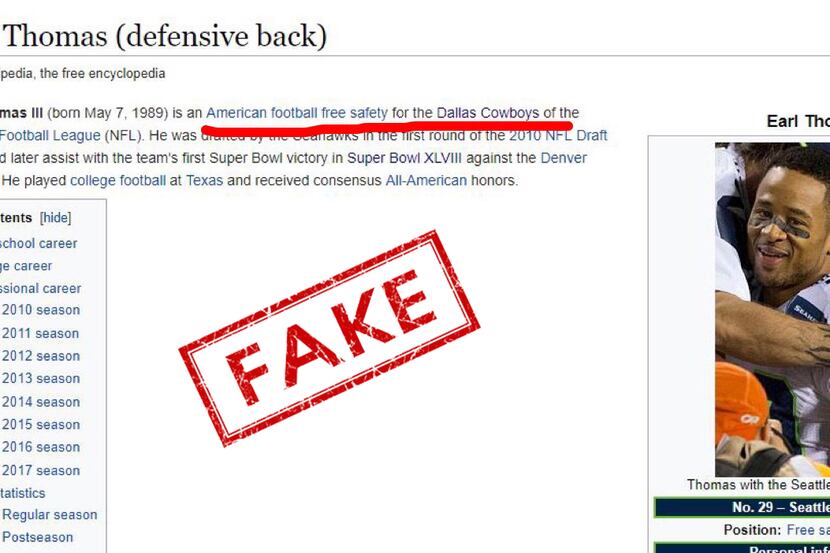 Screenshot of Earl Thomas' Wikipedia page on Thursday afternoon, March 15, 2018