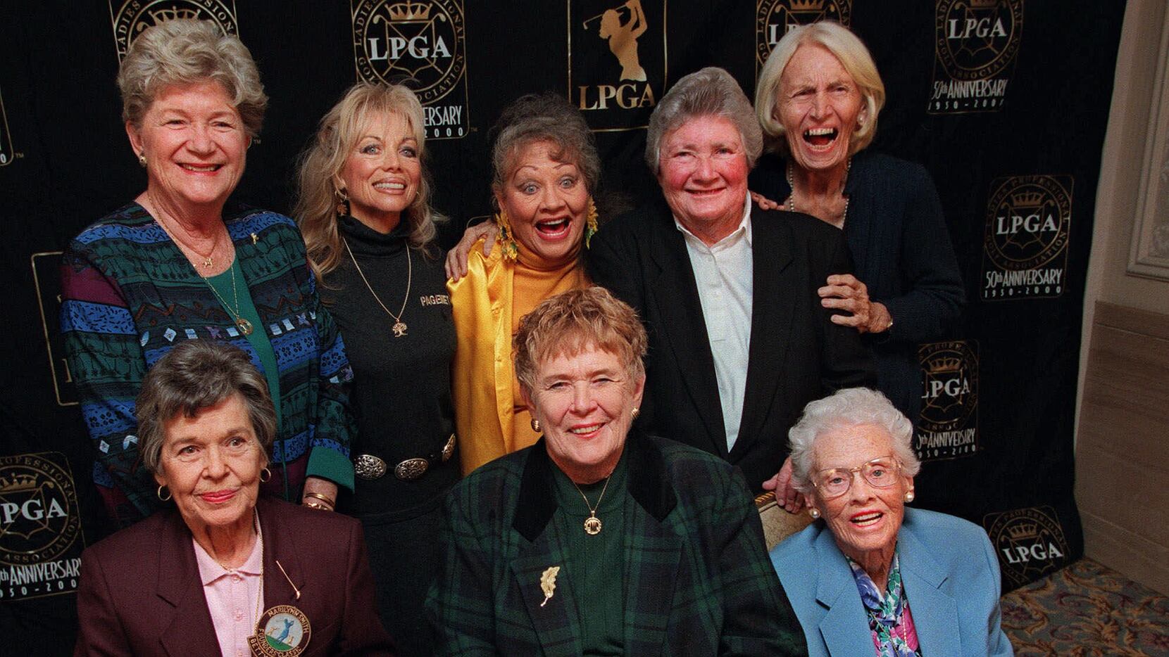 Eight founders of the Ladies Professional Golf Assocaition pose at a celebration of the...