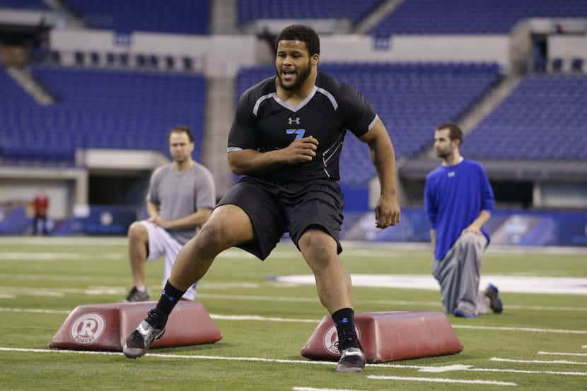 Pittsburgh defensive lineman Aaron Donald runs a drill at the NFL football scouting combine...