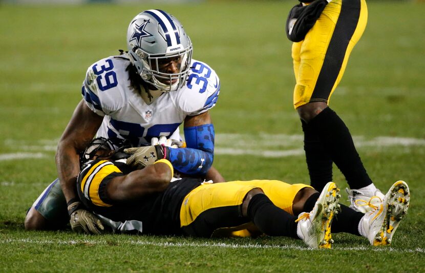 Dallas Cowboys cornerback Brandon Carr (39) tackles Pittsburgh Steelers wide receiver...