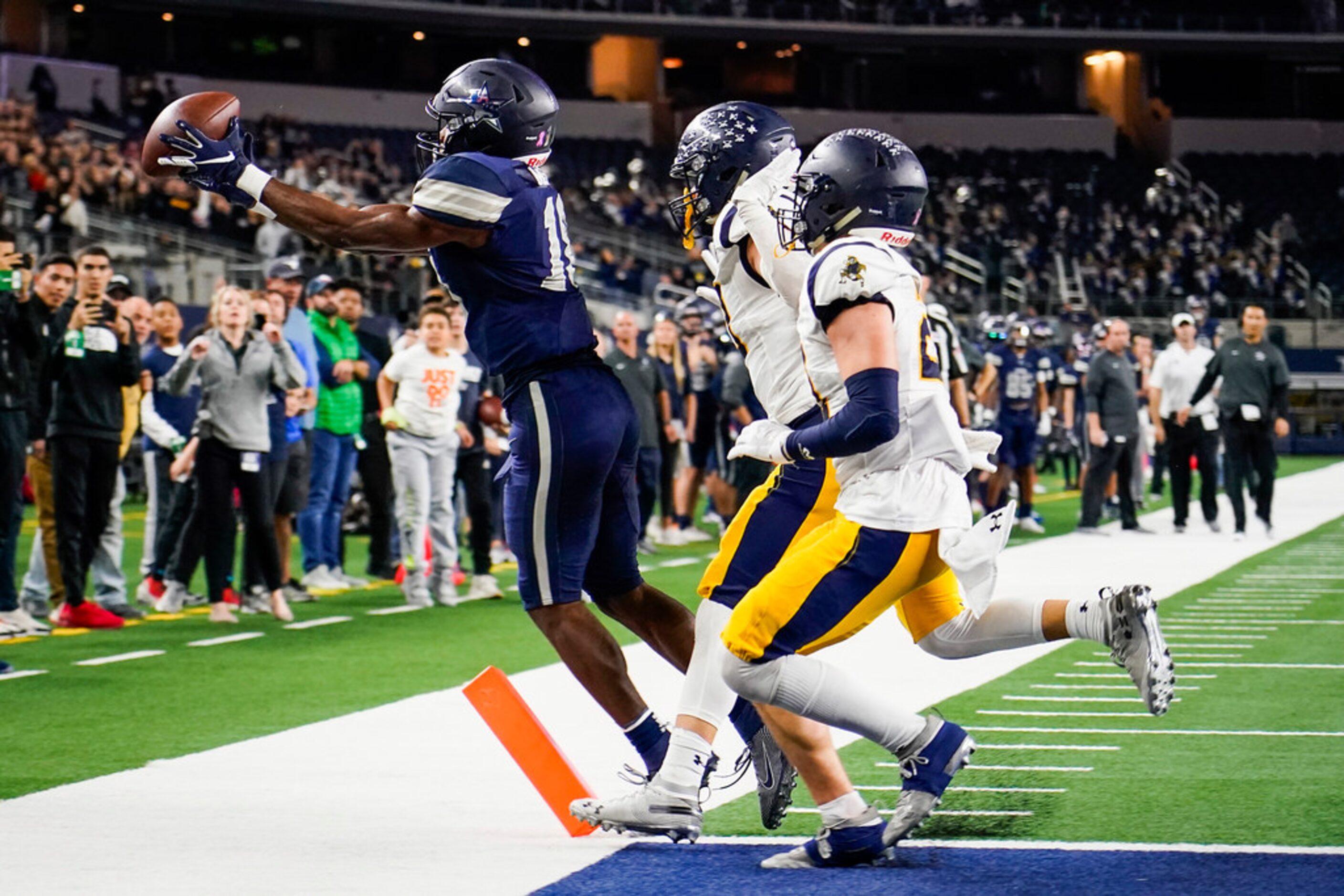 Frisco Lone Star wide receiver Marvin Mims can't come down in bounds with a touchdown on a...