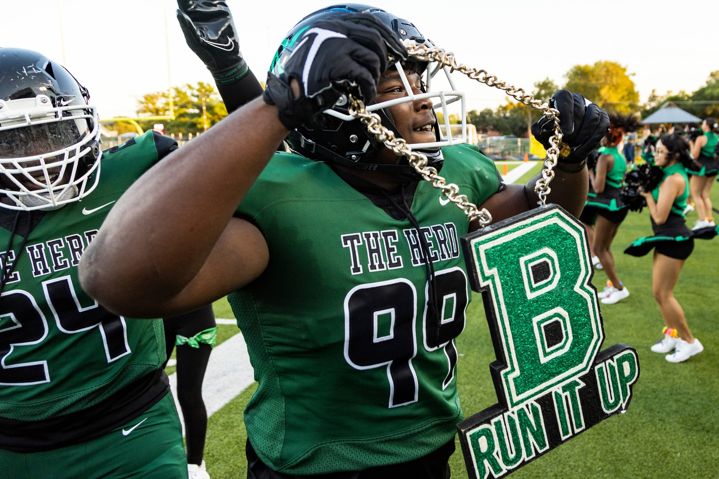 Berkner junior defensive lineman JaquavIus Kennedy (99) celebrates recovering a Richardson...