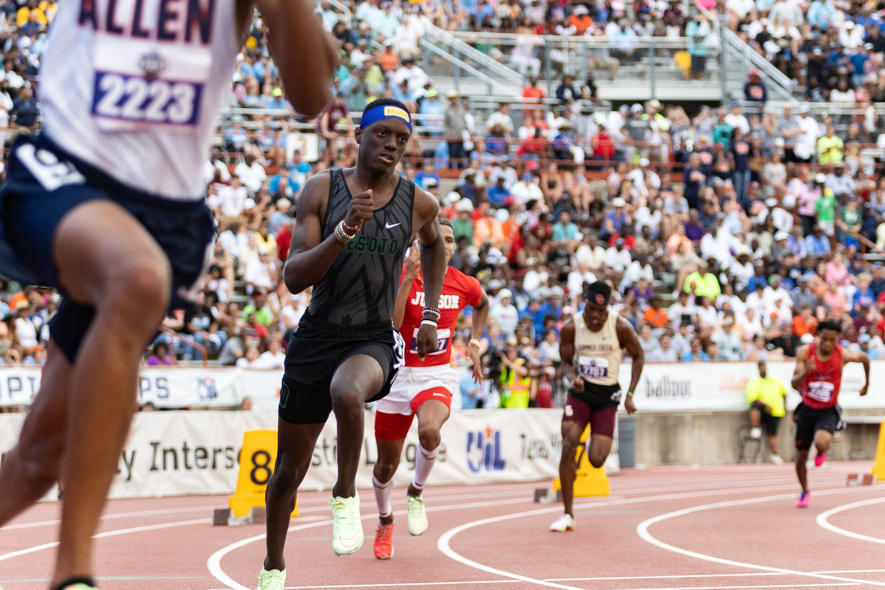 Jamari Harts of DeSoto prepares to race in the boys’ 400-meter dash at the UIL Track & Field...