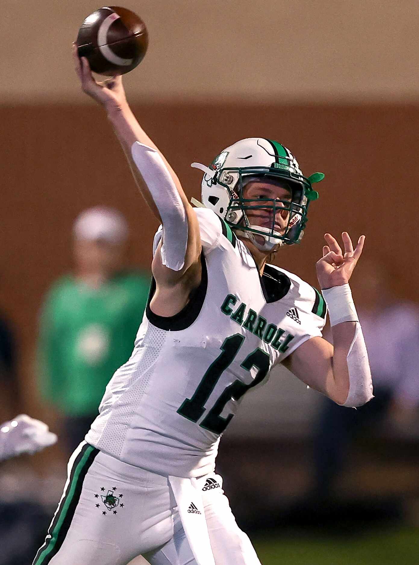 Southlake Carroll quarterback Kaden Anderson attempts a pass against Eaton during the first...