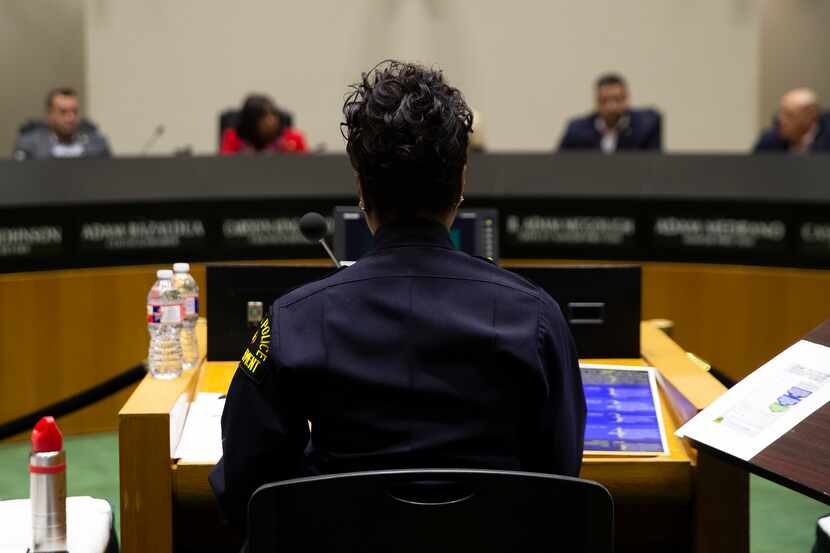 Dallas Police Chief U. Renee Hall (center) at the council's Public Safety Committee meeting...