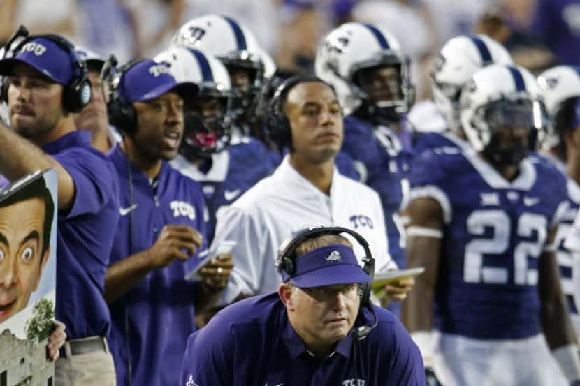 TCU head coach Gary Patterson on the sidelines in the second quarter against South Dakota...