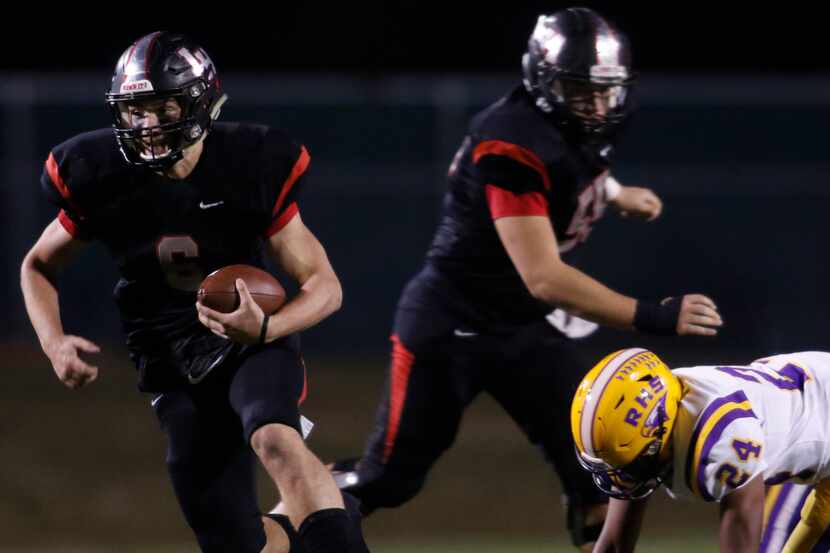 Lake Highlands quarterback Mitch Coulson (6) rambles through the Richardson secondary during...