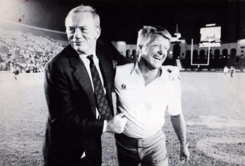 OAugust 19, 1989 - Dallas Cowboys owner Jerry Jones and coach Jimmy Johnson walk off the...
