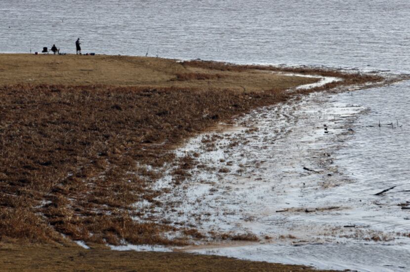 Water from Lavon Lake covered up parts of a grassy area in January.