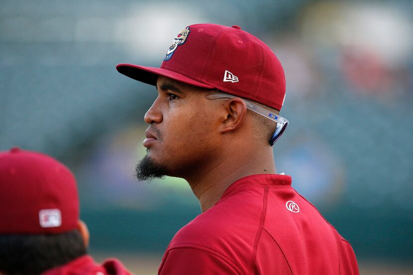 Frisco RoughRiders pitcher Yohander Mendez looks on as the Frisco RoughRiders hosted the...