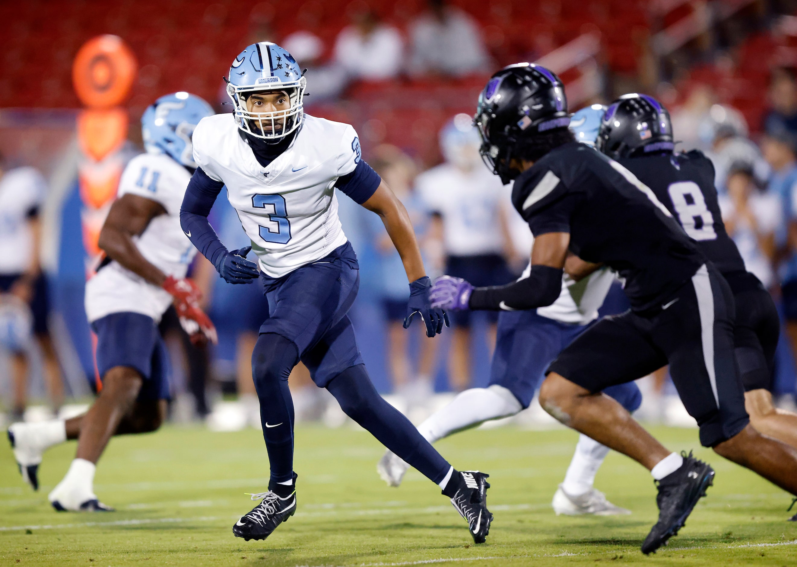 Frisco Emerson Maliek Hawkins (3) defends against Frisco Independence during the first half...