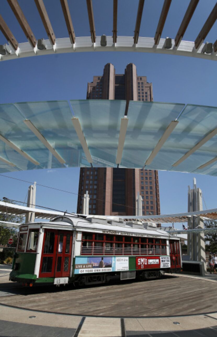 The McKinney Avenue Trolley on the turn-a-round at the City Place Station in Dallas, Texas...