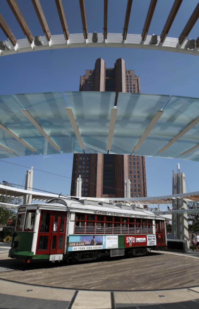 The McKinney Avenue Trolley on the turn-a-round at the City Place Station in Dallas, Texas...