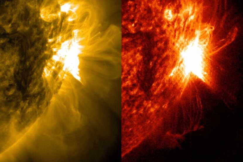 NASA's Solar Dynamics Observatory captured these images of a solar flare, as seen in the...