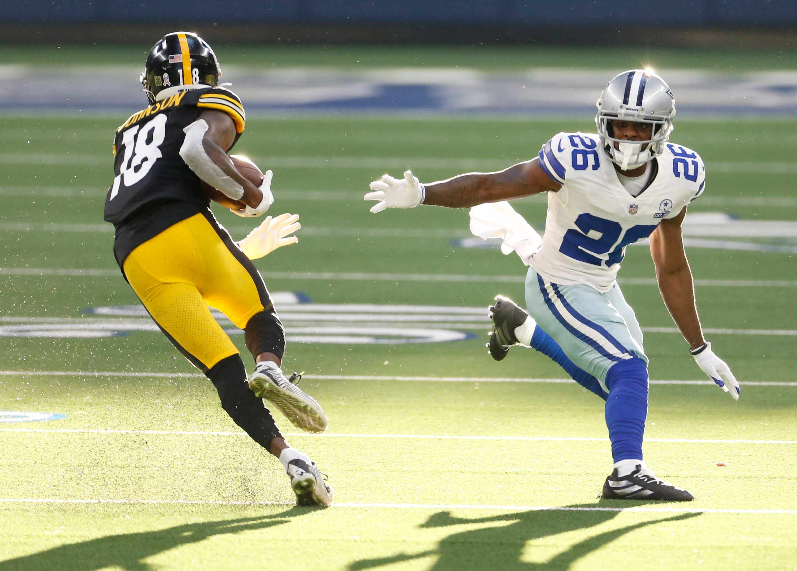 Dallas Cowboys cornerback Jourdan Lewis (26) misses the tackle as Pittsburgh Steelers wide...