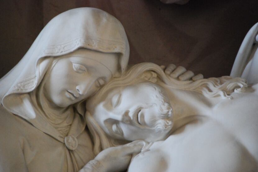 A close-up of Mary and Jesus after his crucifixion is from The Deposition by German sculptor...