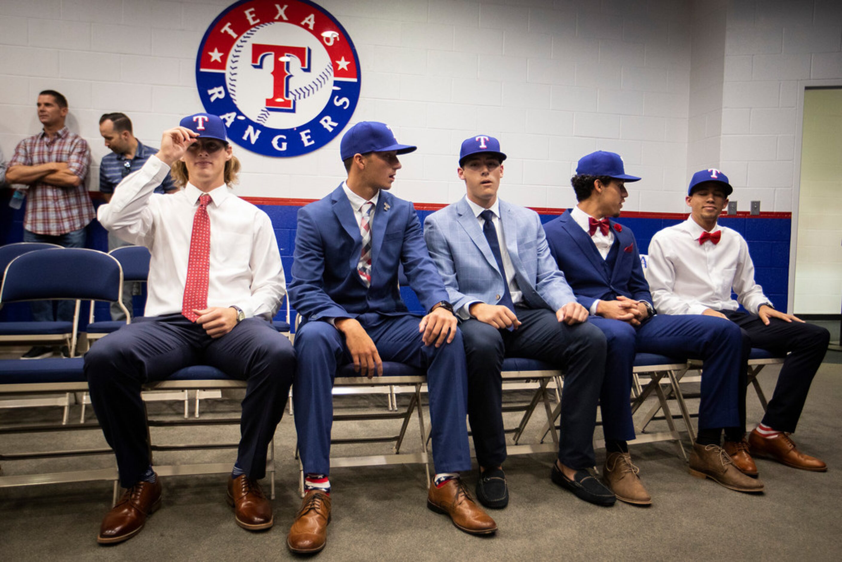 From left, Texas Rangers 4th round pick, pitcher Mason Englert  of Forney (TX) High School,...