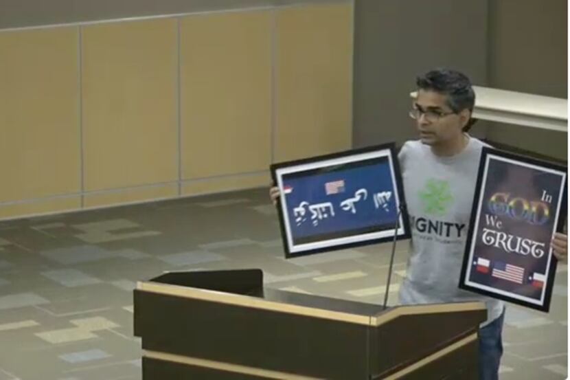Southlake parent Sravan Krishna attempted to donate "In God We Trust" posters during an Aug....