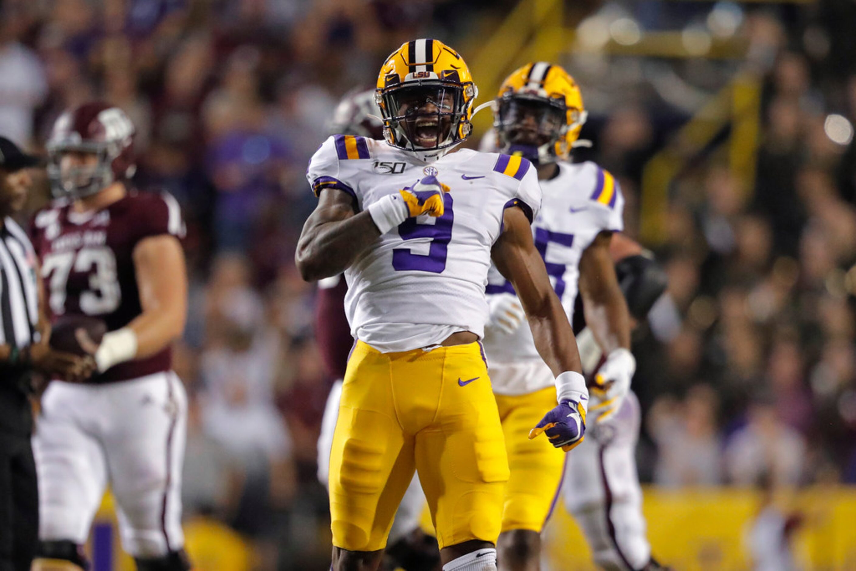 LSU safety Marcel Brooks (9) celebrates a sack during the first half of the team's NCAA...