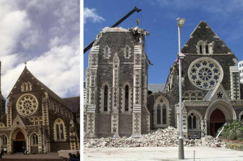 This file combination of two pictures shows Christchurch Cathedral in November, 1995 (L) and...