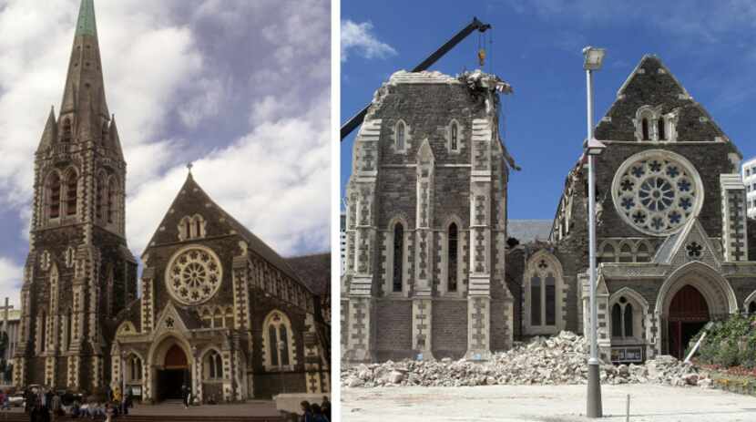 This file combination of two pictures shows Christchurch Cathedral in November, 1995 (L) and...