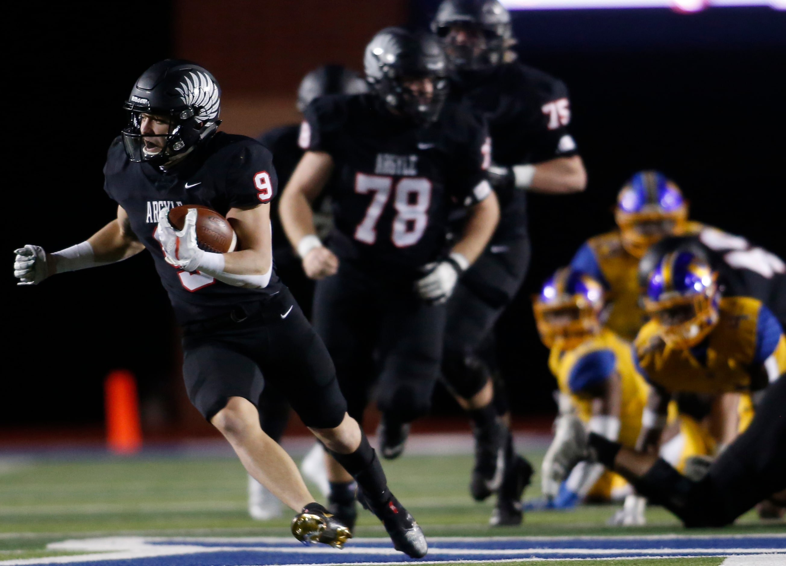 Argyle running back Tito Byce (9) rambles through the Waco LaVega secondary for a long...