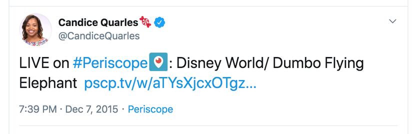 Candice Quarles tweet from Disney World in 2015.