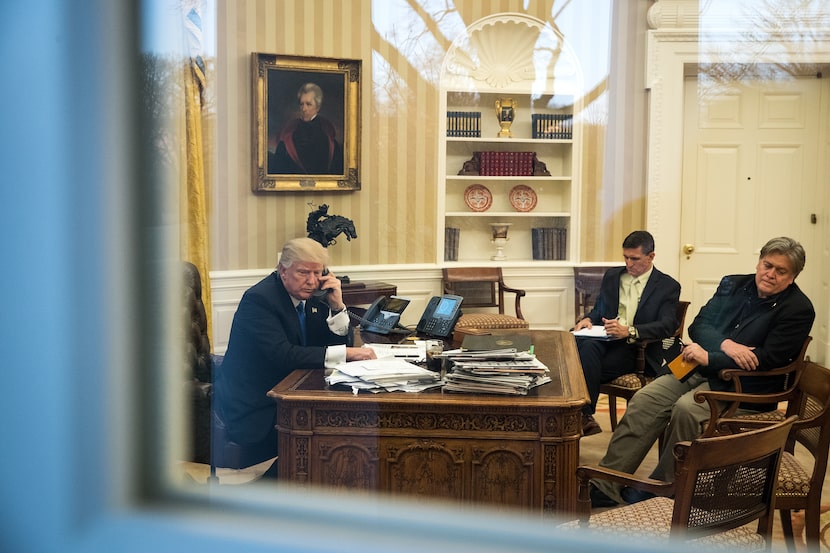 President Donald Trump speaks on the phone with Australian Prime Minister Malcolm Turnbull...