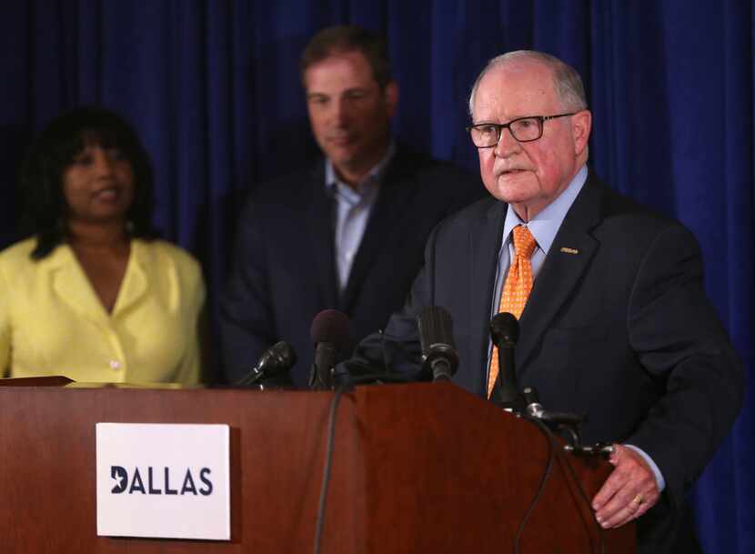 Sam Coats, new interim CEO of VisitDallas, spoke during a news conference at the VisitDallas...