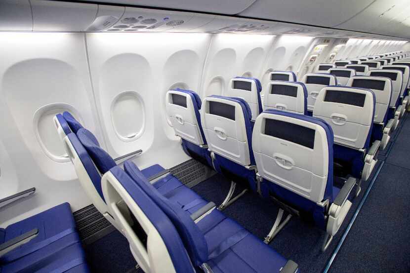 The cabin area of one of Southwest Airline's new Boeing 737 MAX jetliners is pictured at...