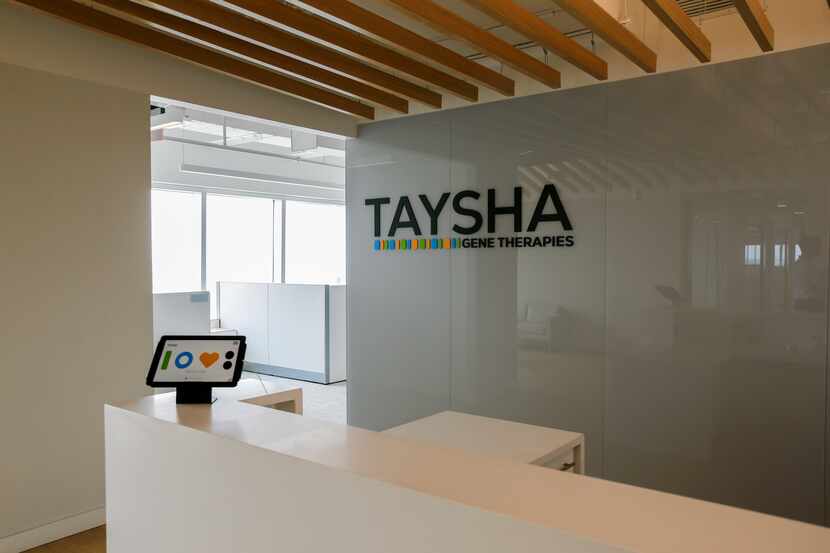 The front desk of the Taysha Gene Therapies office at Pegasus Park in Dallas.