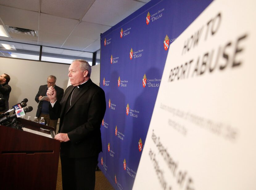 Dallas Bishop Edward Burns speaks during a press conference at the Catholic Diocese of...