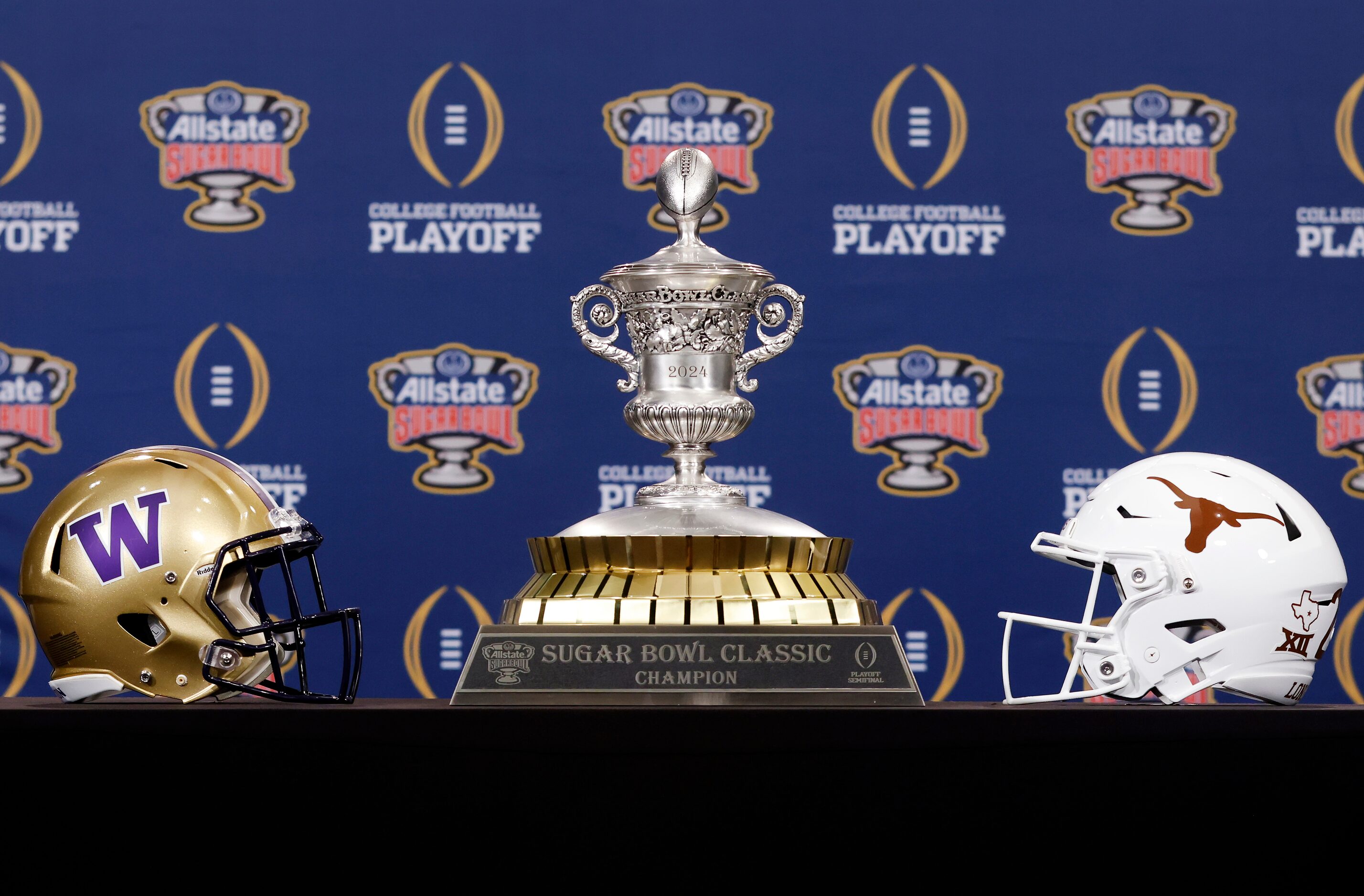 The helmets of the Washington Huskies Texas Longhorns face one another with the Sugar Bowl...